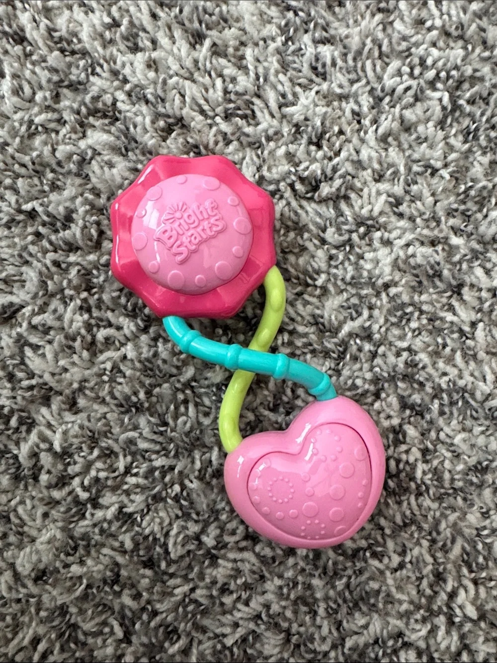 Pink Heart & Flower Learning Rattle Toy with Teal and Lime Handle